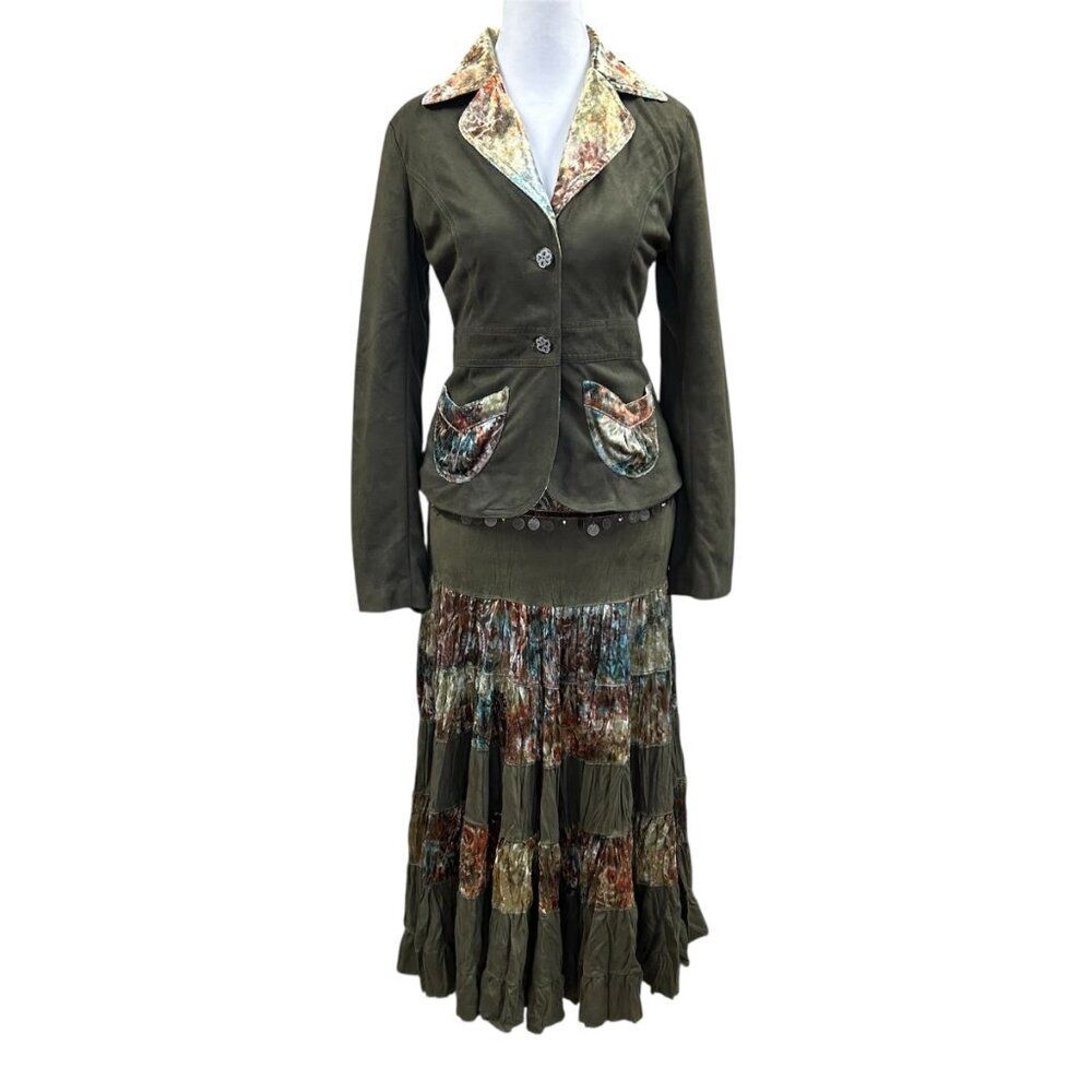 Vintage H&C Italy Design Boho Whimsical Tiered Velvet Maxi Skirt Blazer Set